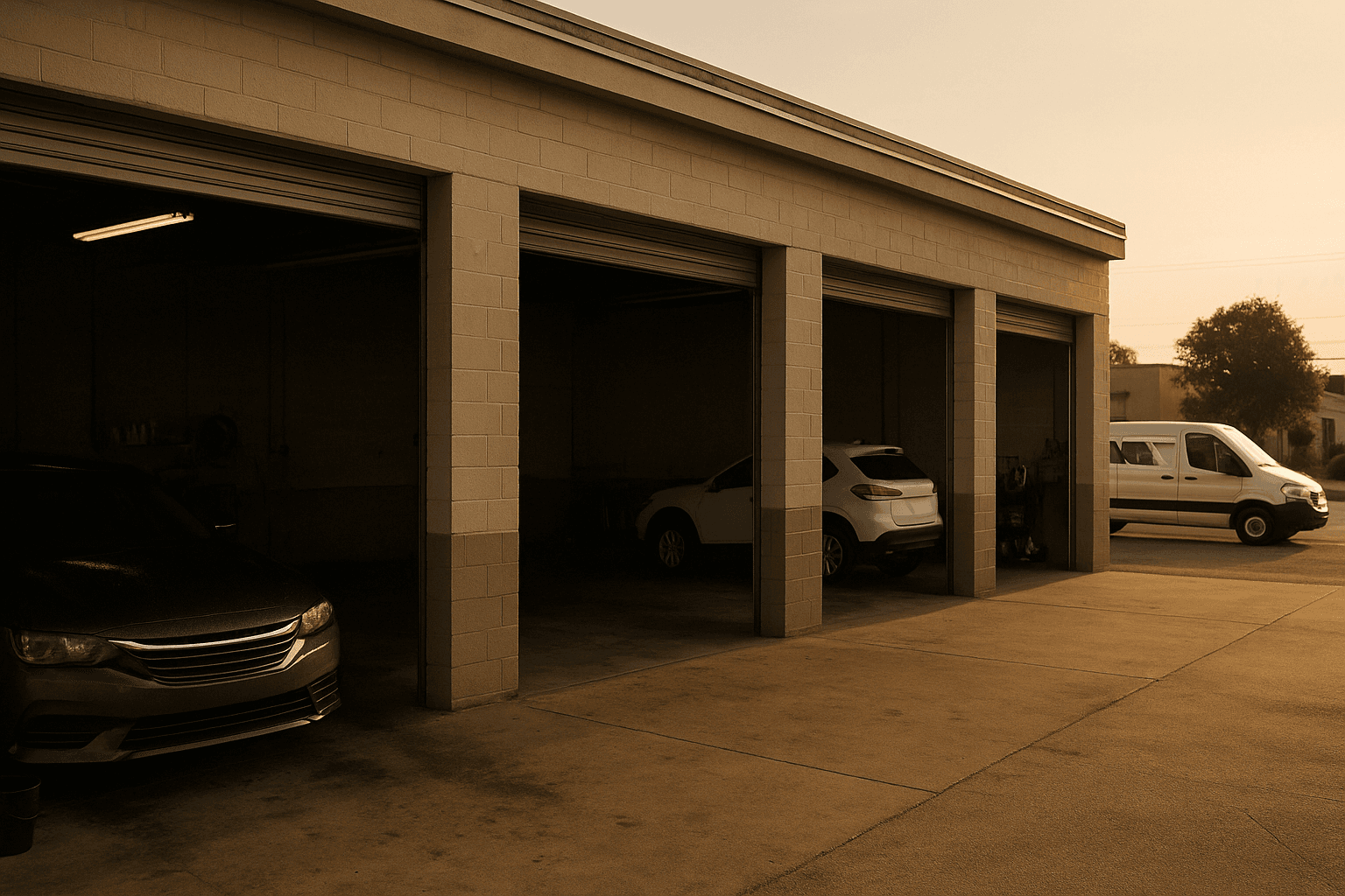 Uma oficina de detailing ao fim da tarde: três baias com carros, uma baia vazia e uma carrinha branca à porta