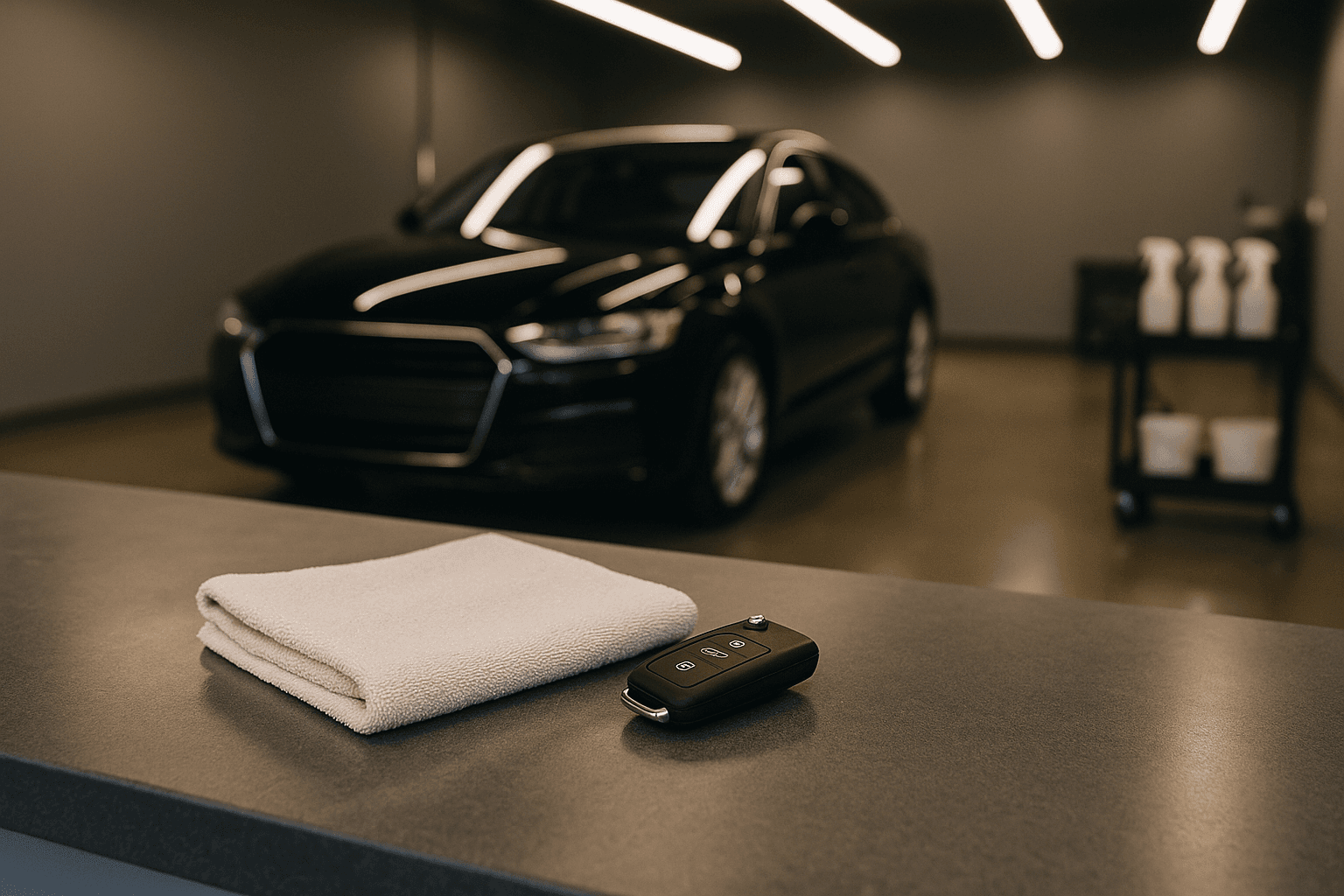 Uma chave de carro e um pano de microfibras dobrado no balcão de um estúdio de detailing, com um carro acabado ao fundo, sob as luzes.